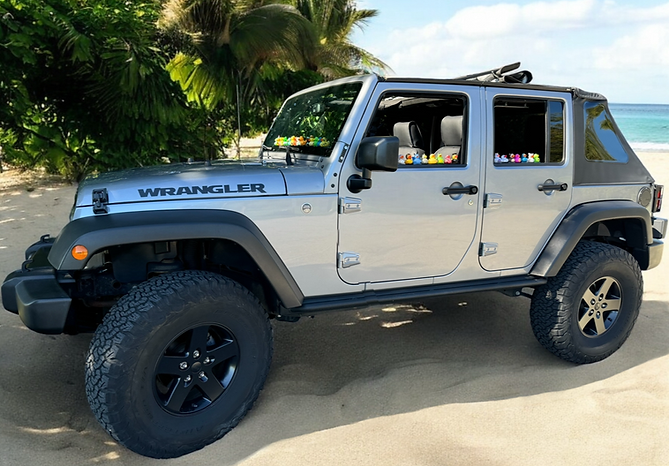Jeep Wrangler with QuackKey Twist-It duck mounts on dashboard and window off-road