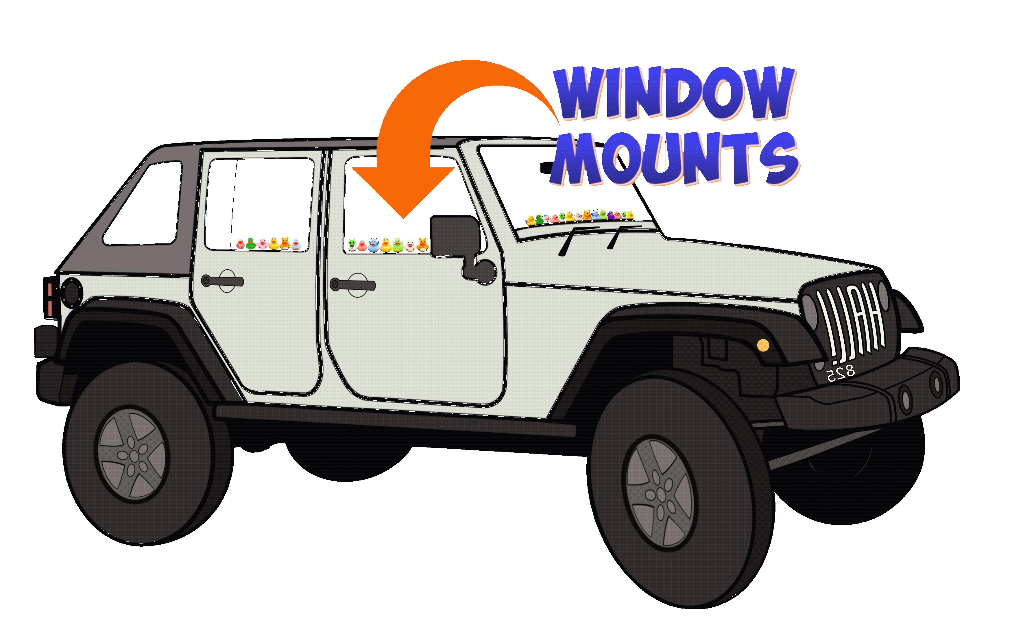 An animation showing the QuackKey Twist-It window duck mounts and rubber ducks in a Jeep Wrangler's windows