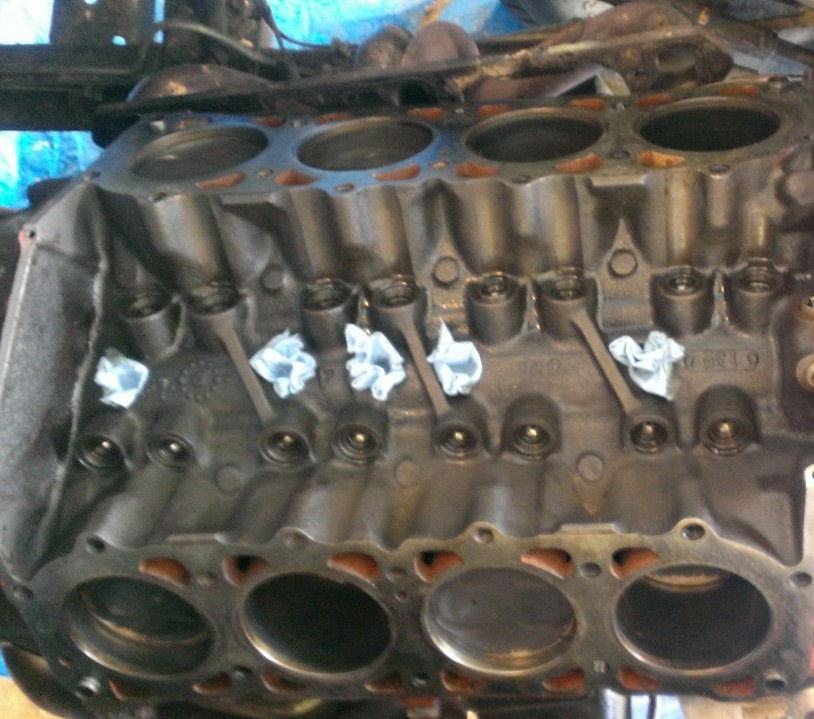 1979 AMC 304 engine block with open cylinders, stuffed with crumpled paper for protection while being rebuilt.