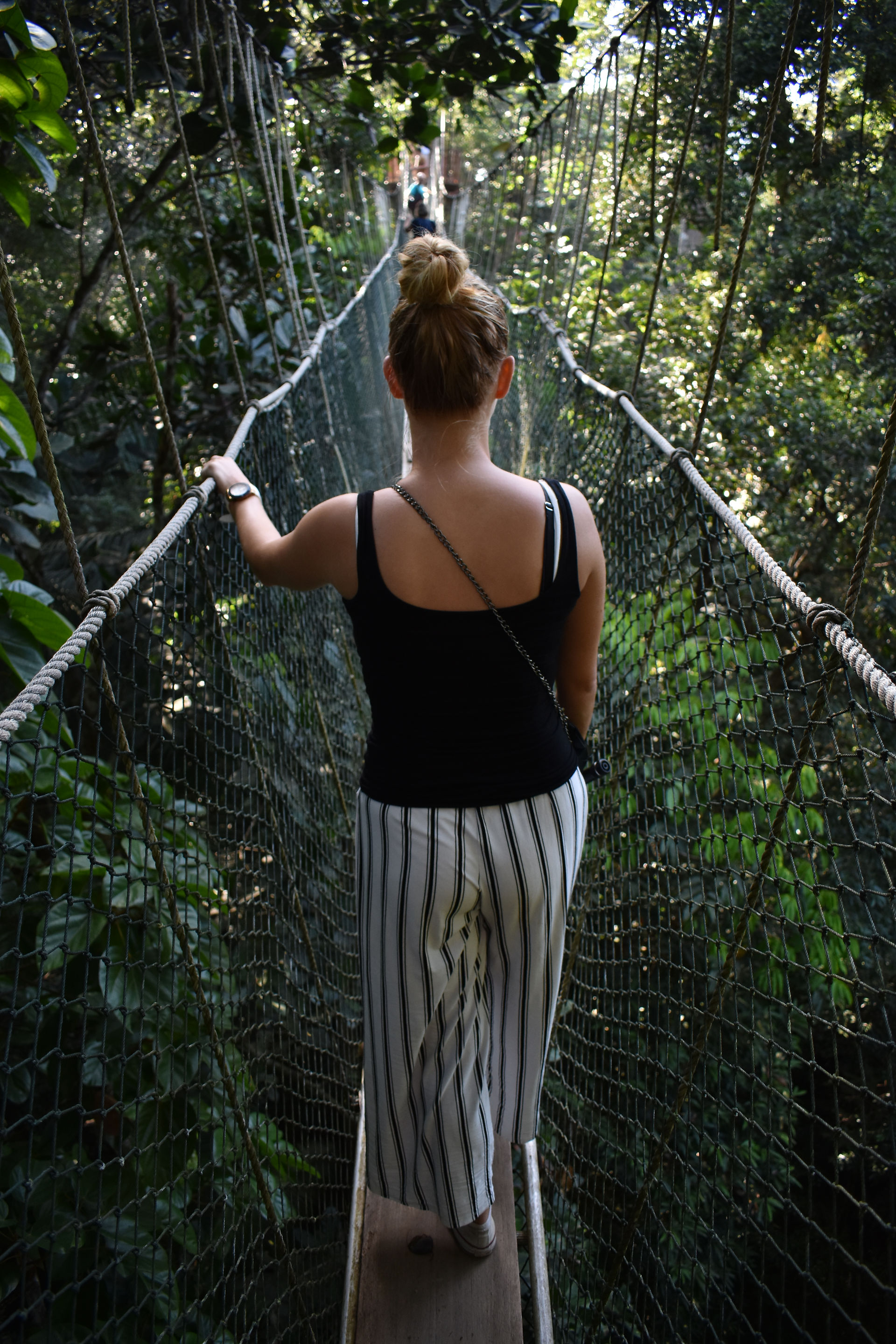 Woman on rope bridge in jungle