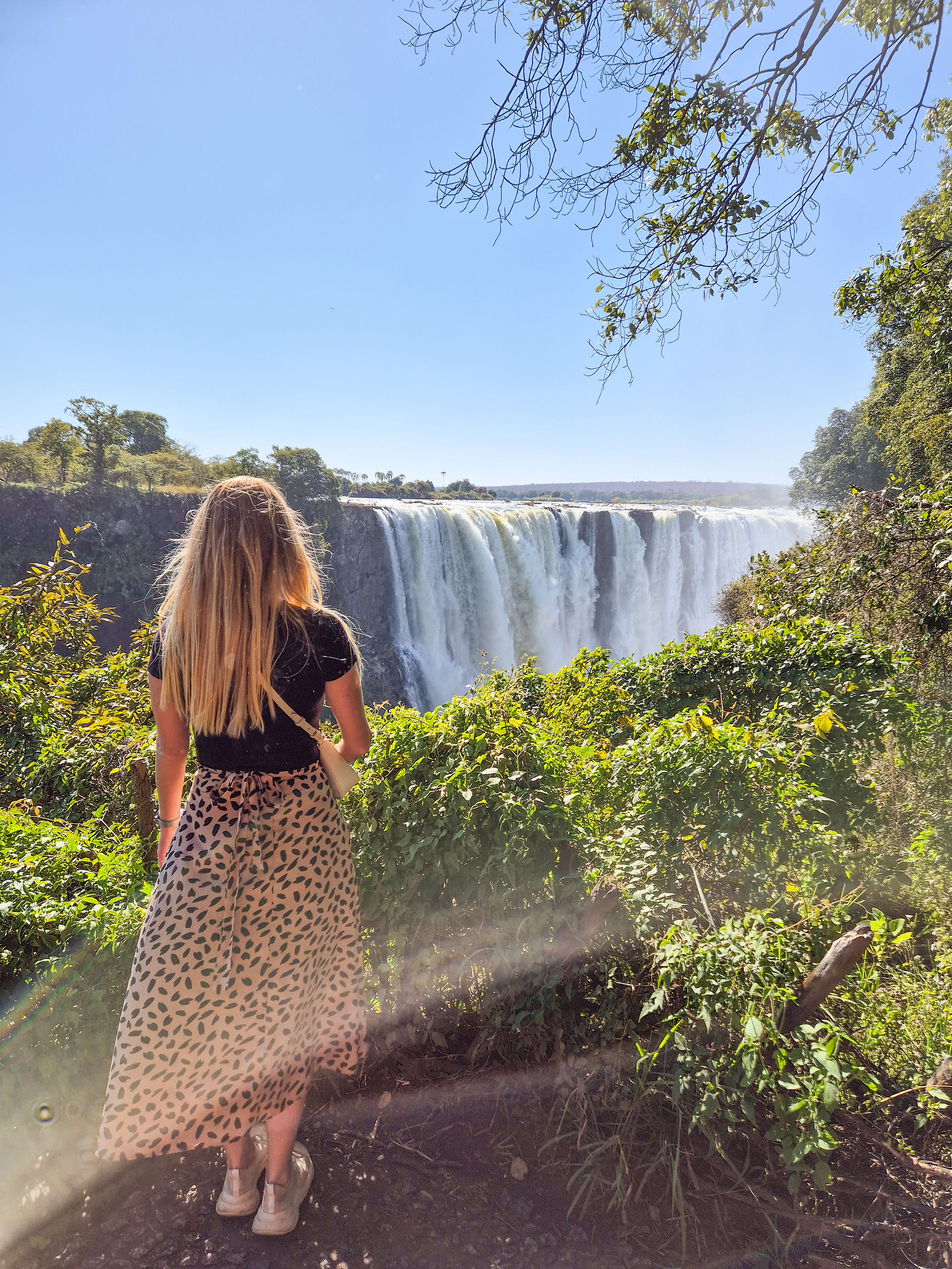 Vrouw dat naar een grote waterval kijkt in de verte
