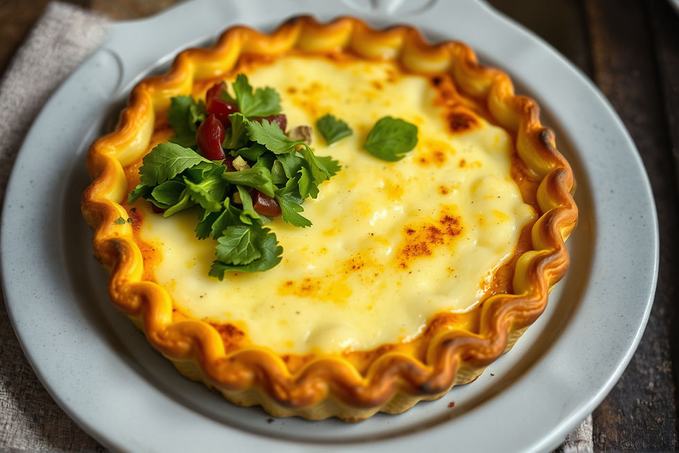 Creamy pie with golden, wavy crust topped with fresh greens and tomato bits on a gray plate. Warm, inviting kitchen setting.