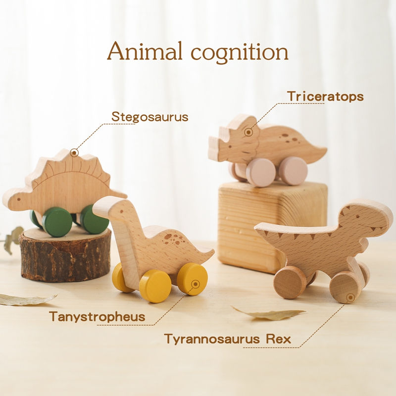 Thumbnail: Dinosaur Cartoon Car Montessori Wooden Teether Toy for Infants Toddlers - Sensor