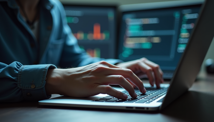 Eye-level view of a person typing on a laptop with code and text analysis on screen