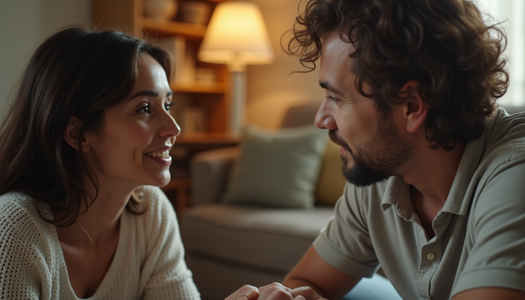 Vista a nivel de ojo de una conversación íntima entre dos personas en un entorno tranquilo