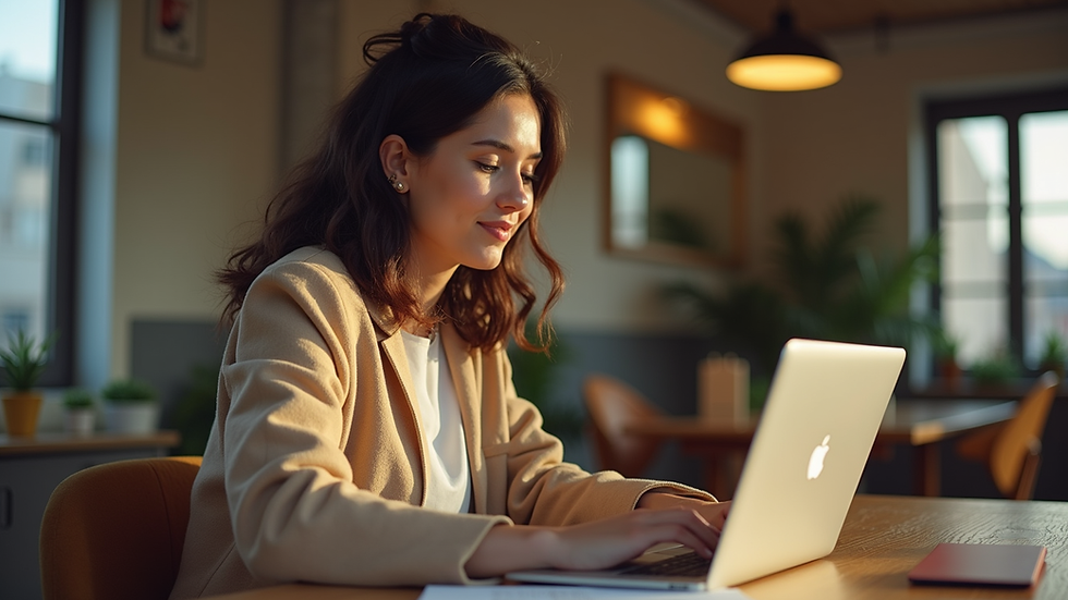 Vista a nivel de ojo de una persona estudiando con laptop y cuaderno en un espacio acogedor
