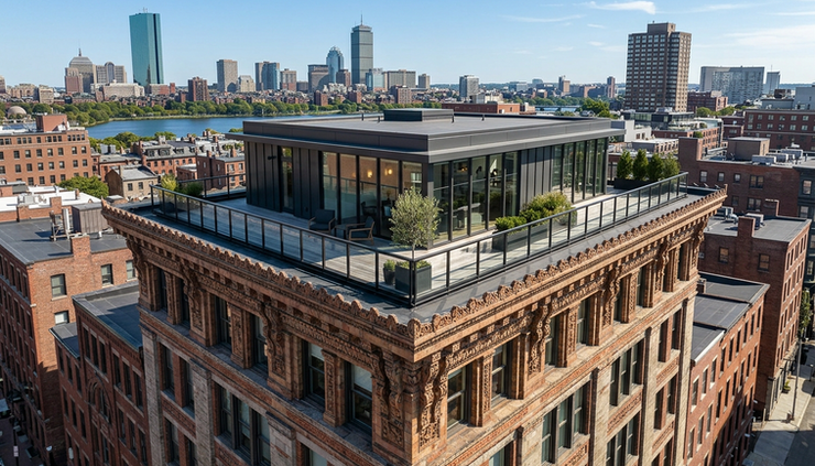 High-angle view of a setback rooftop addition behind a historic cornice
