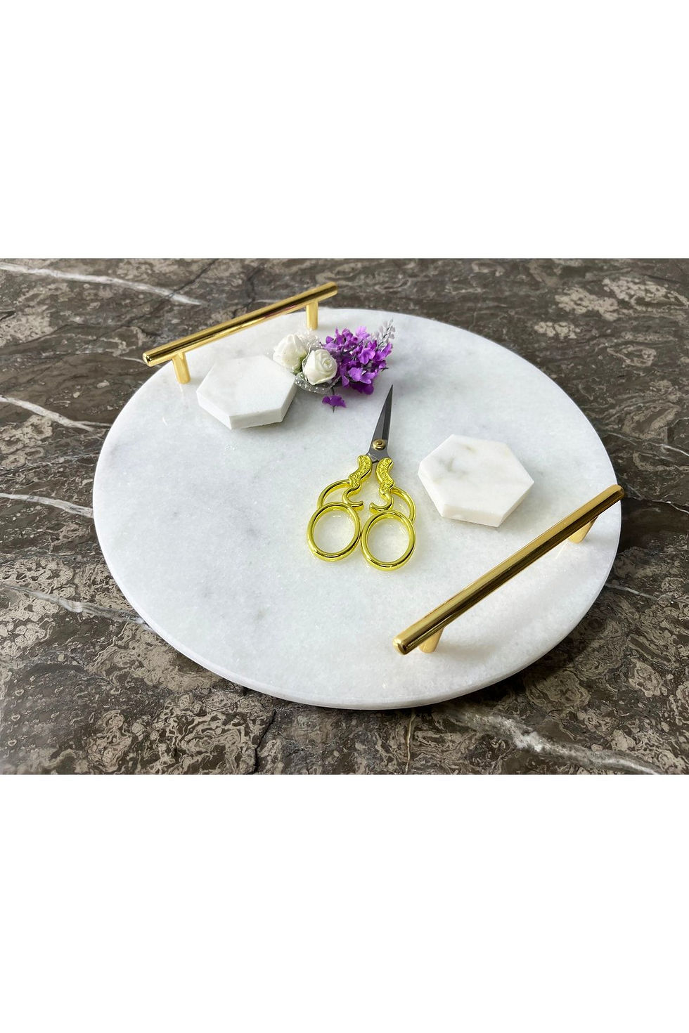 Thumbnail: Natural Marble Engagement / Promise Tray Round - Ring Riser And Scissors