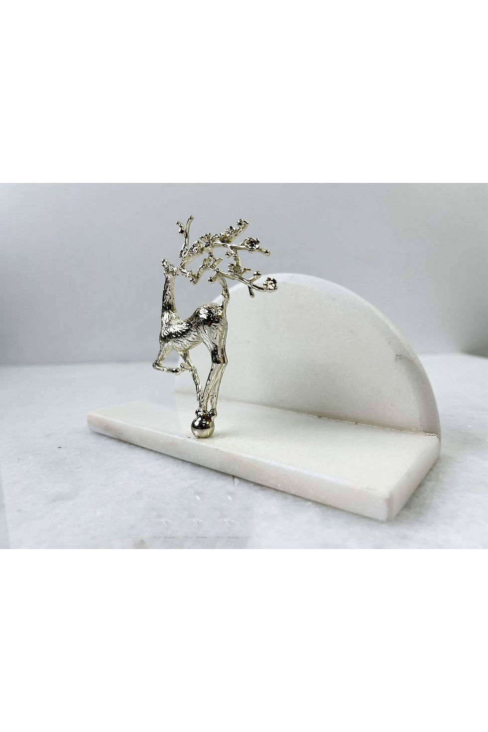 Thumbnail: Natural White Marble Napkin Holder Semicircle with Silver Deer Object
