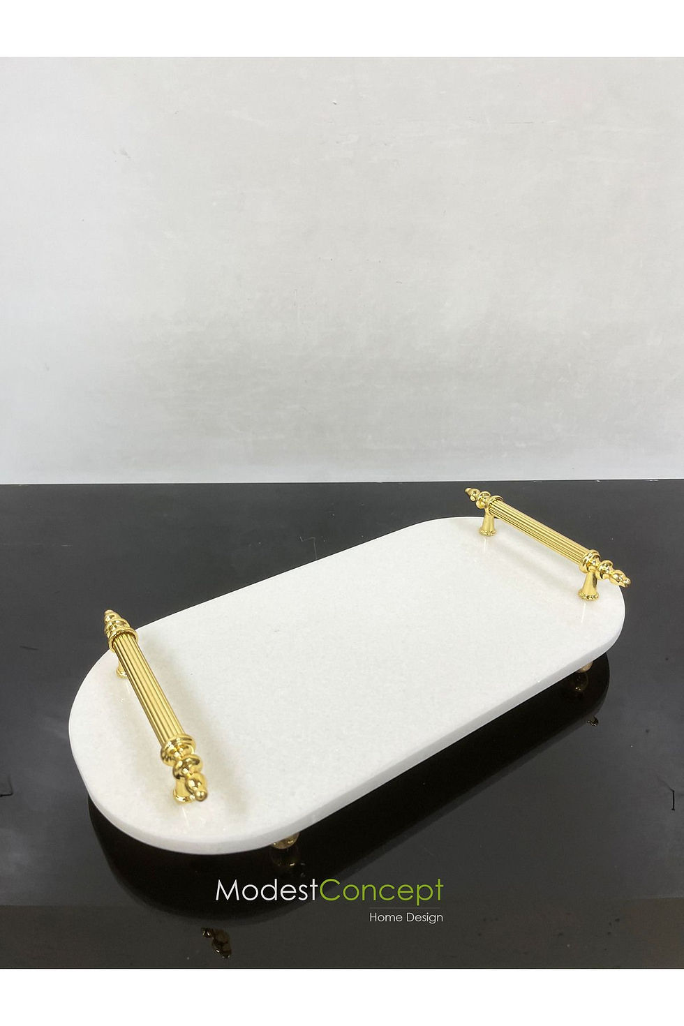 Miniatura: Natural White Marble Oval Engagement Tray Plain White with Gold Top Legs