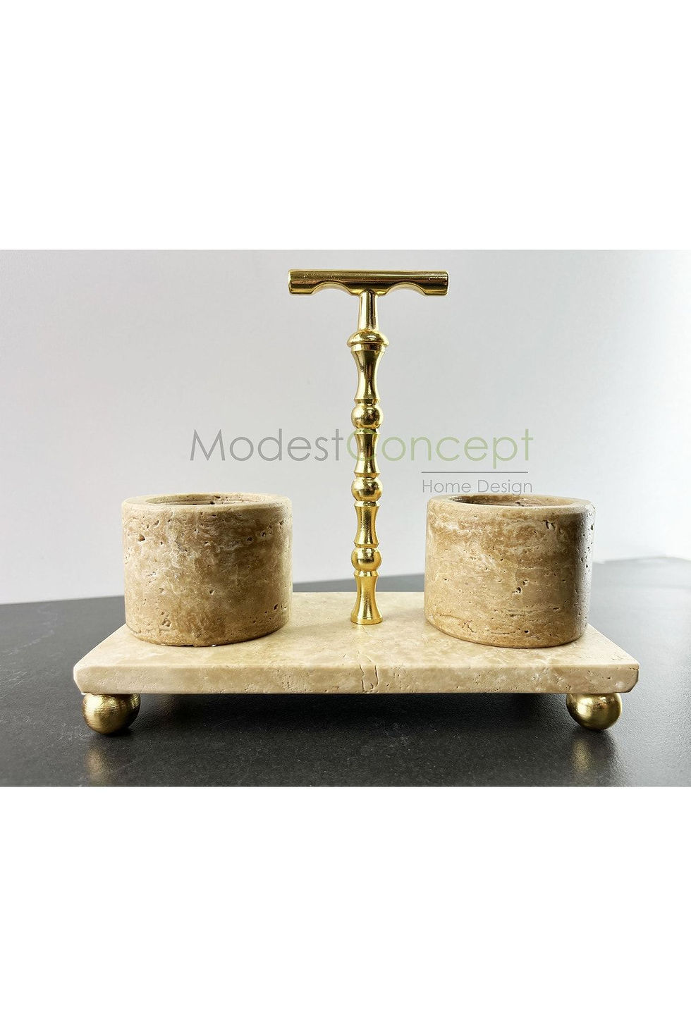Thumbnail: Natural Travertine Marble Spice Jar Set with 3 Brass Rods and Gold Top Feet