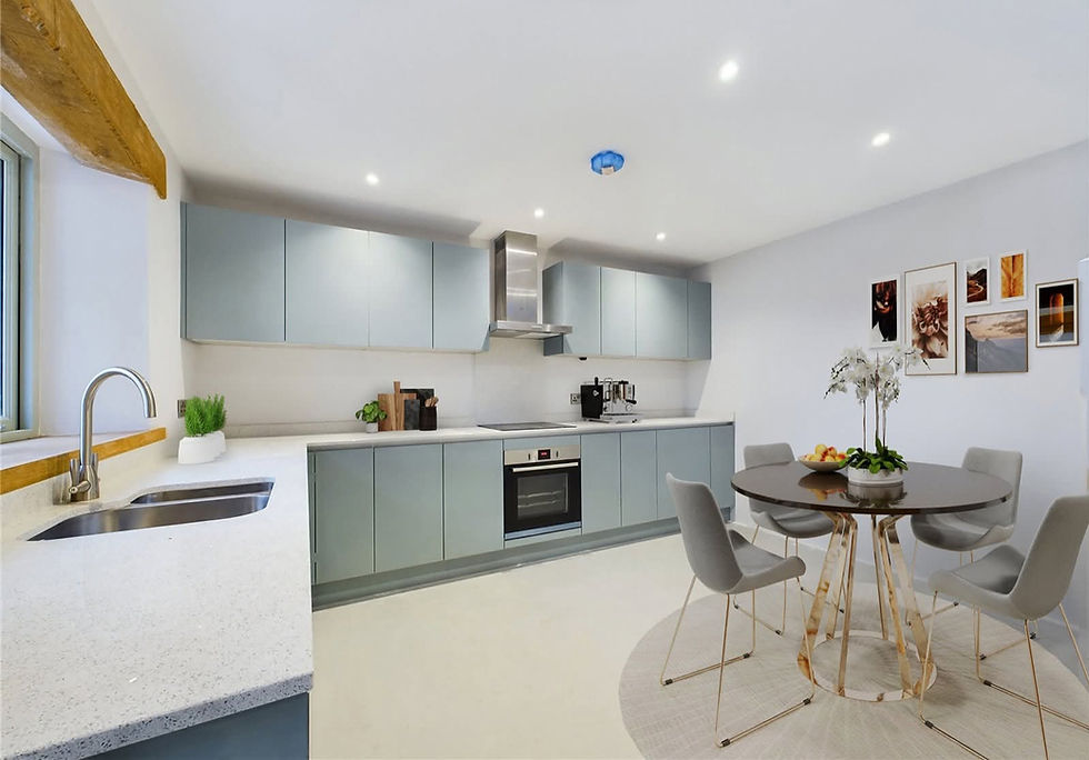 Modern kitchen home renovation with blue cabinets and dining table
