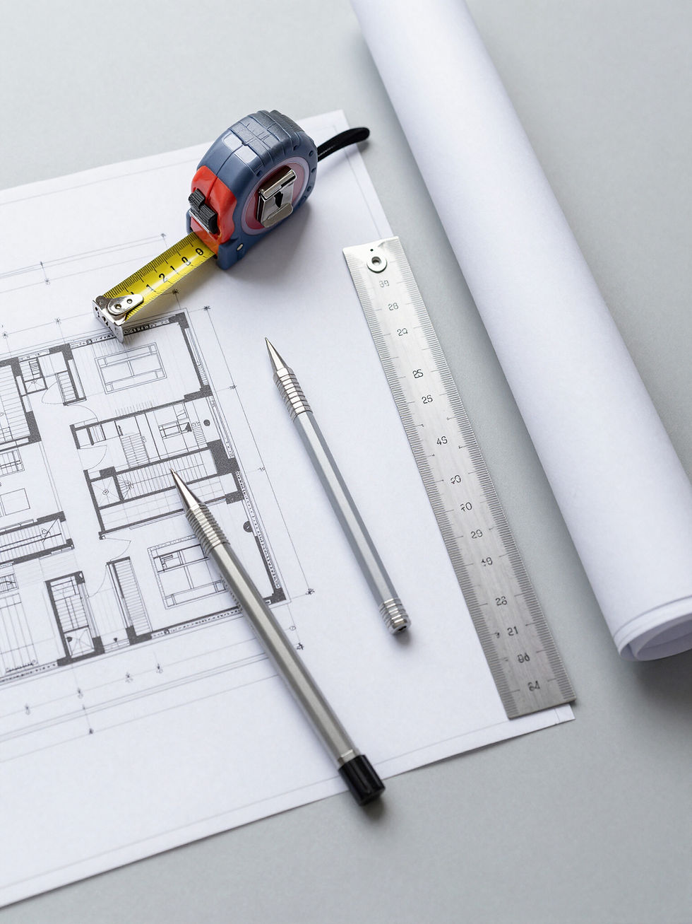 Blueprint for carpentry and roof structures with tools.