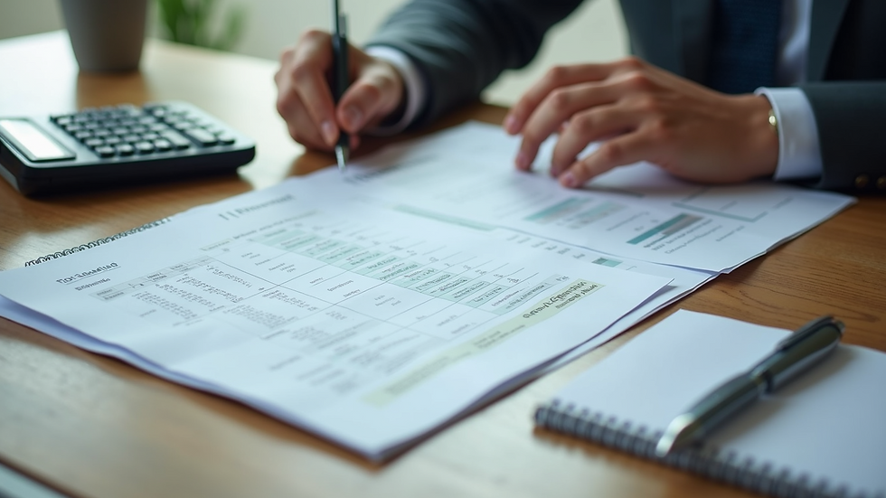 High angle view of a neat desk with organized financial papers and a calculator