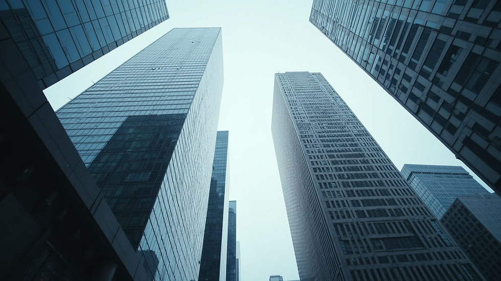 Eye-level view of a modern city skyline with government buildings