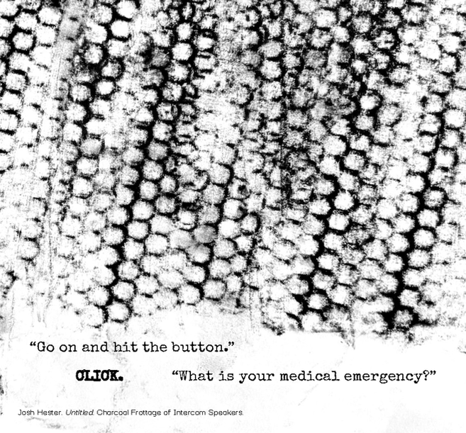 A charcoal rubbing of intercom speakers, like diagonal chains of connected honeycomb shapes