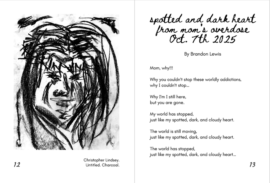 An energetic charcoal drawing of a face with long hair surrounding it and scribbes across the cheeks and around the head, like expressive depictions of tears and a woven crown