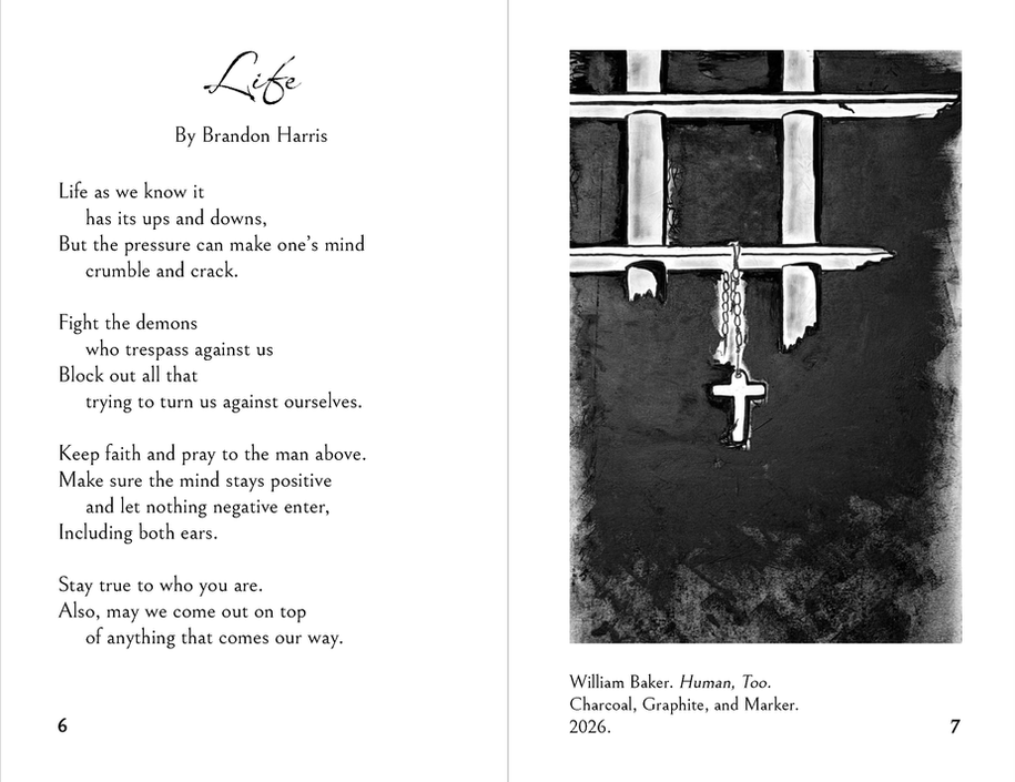 A drawing of broken bars of a white jail cell against a chaotir black background with a white cross hanging from the broken bars by a simple chain