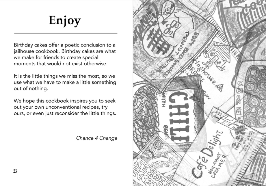 A low-opacity, faded version of the cover image: several overlaid pencil drawings, the illustrations featured in the book, including packets of jalapeños, chili, peanut butter, creamer, tuna, and shredded chicken 