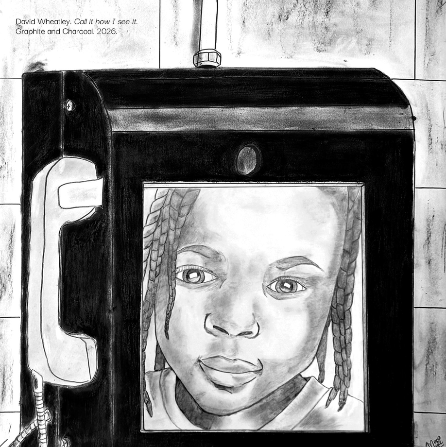 A drawing of a telephone box with a screen on it, displaying the face of a young child, mounted on a cinder block wall