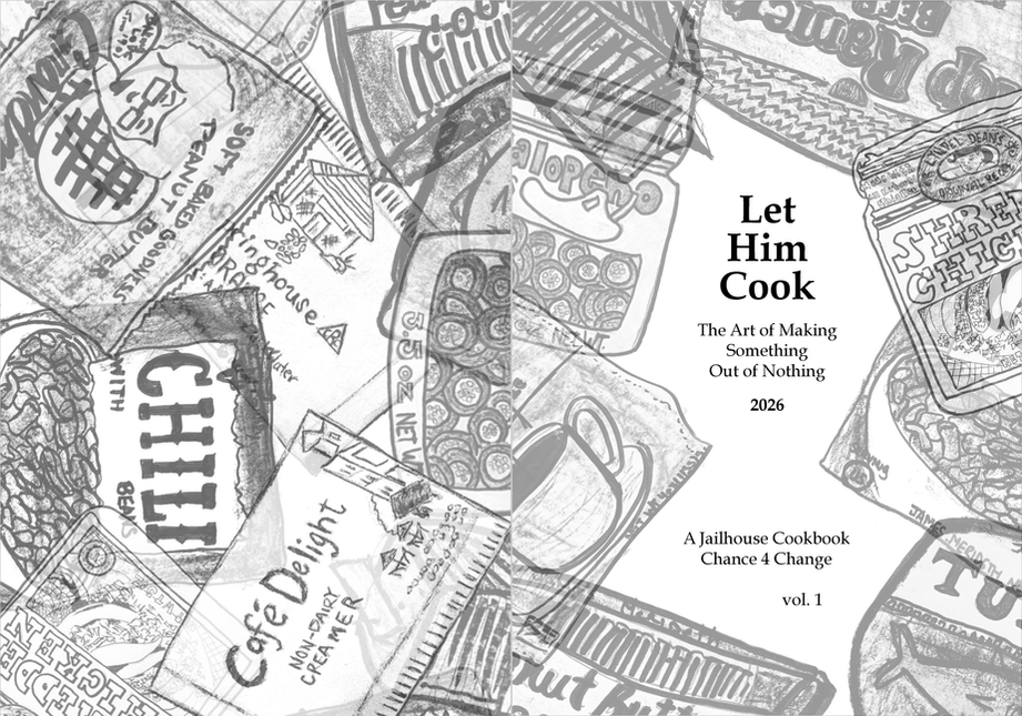 Book title text surrounded by several overlaid pencil drawings, the illustrations featured in the book, including packets of jalapeños, chili, peanut butter, creamer, tuna, and shredded chicken 