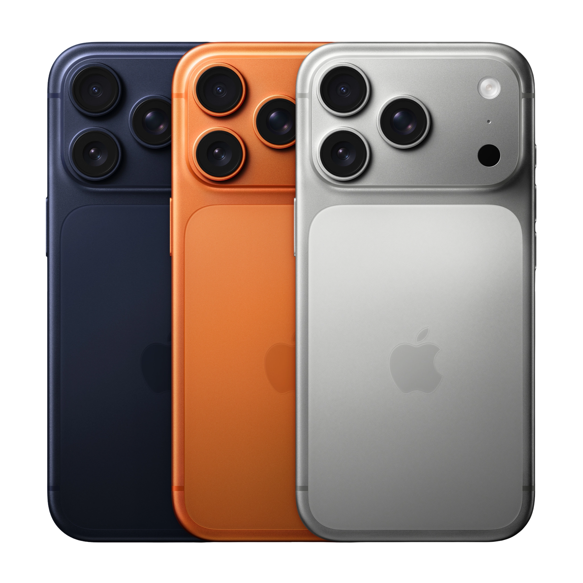 iPhone 17 Pro lineup in Deep Blue, Cosmic Orange, and Silver colors with triple camera design