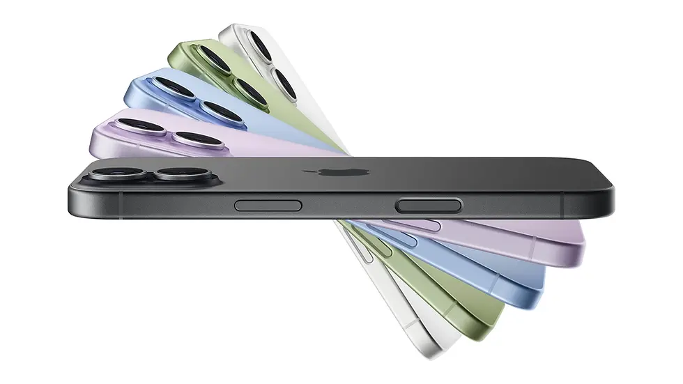 iPhone 17 colors lineup displayed fan style including Black, White, Mist Blue, Lavender, and Sage