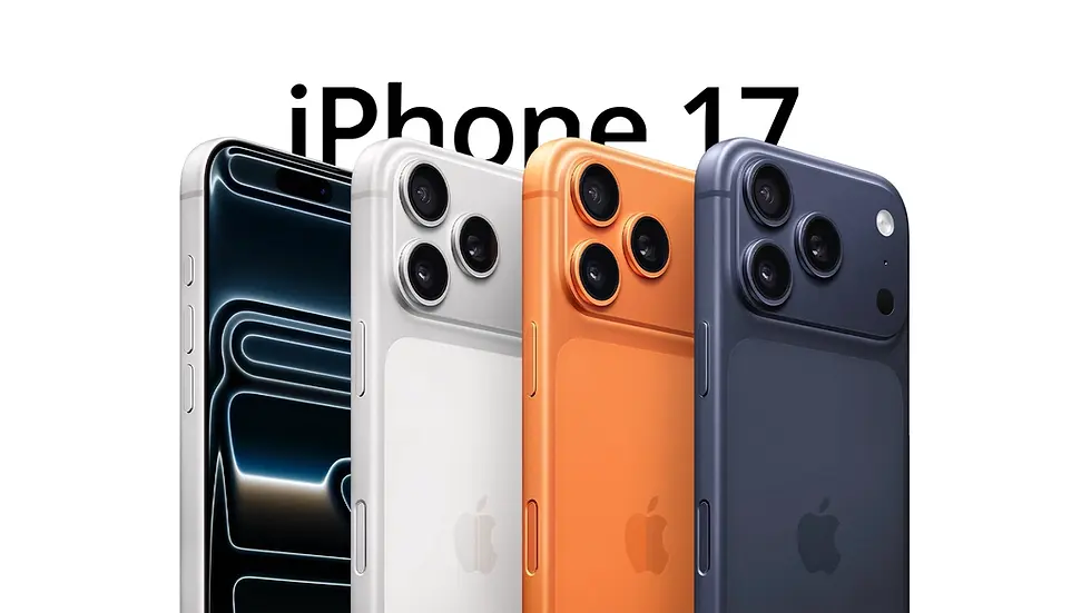 iPhone 17 lineup in black, white, orange, and dark blue colors with triple camera design