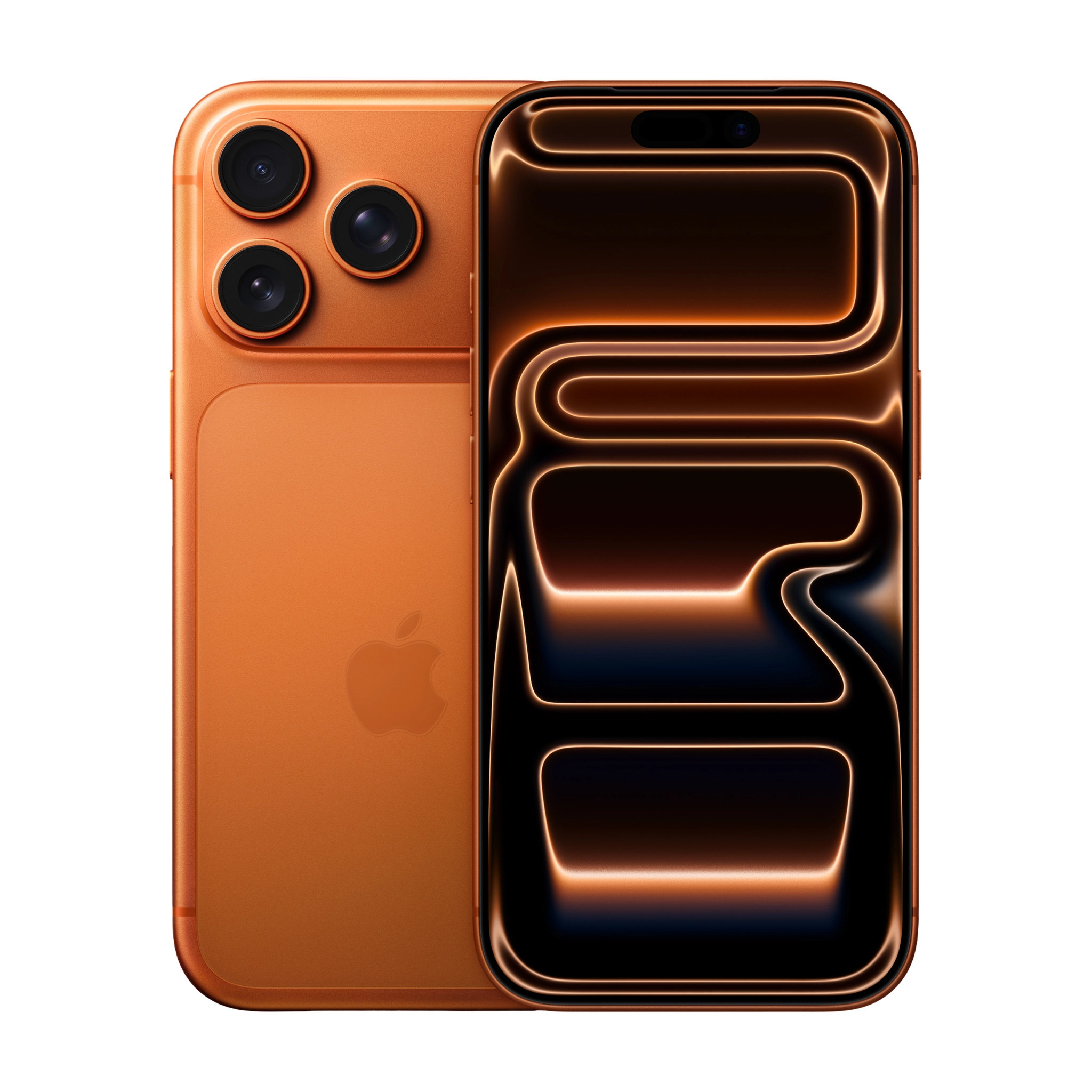 iPhone 17 Pro in Cosmic Orange color showing front Super Retina XDR display and triple camera design
