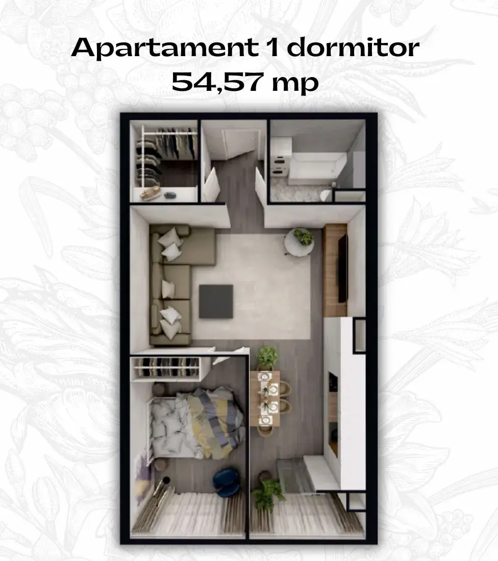 Planimetrie apartament modern cu 1 dormitor în complexul rezidențial Hora Village.