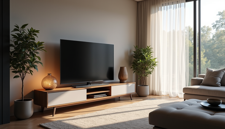 Eye-level view of a sleek Samsung QLED TV displayed in a modern living room