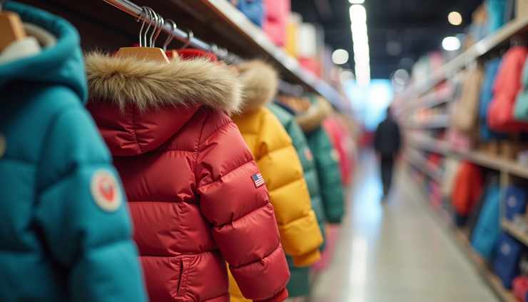 Eye-level view of a colorful children's winter jacket on a hanger