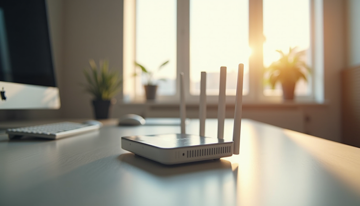 Eye-level view of a modern home office setup with a fibre broadband router on the desk