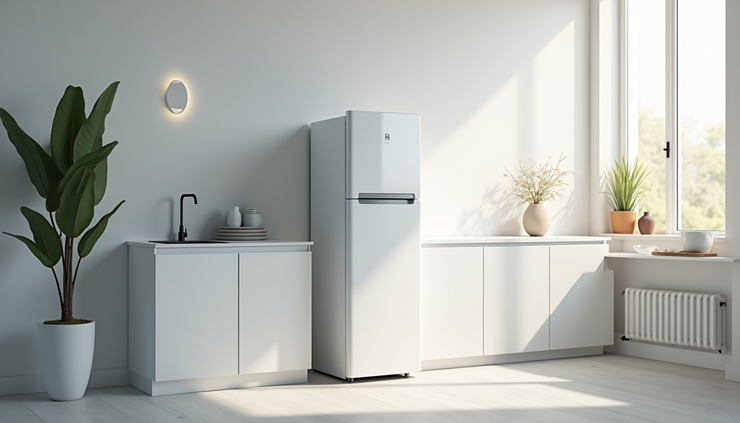 Eye-level view of a modern kitchen with a sleek white refrigerator