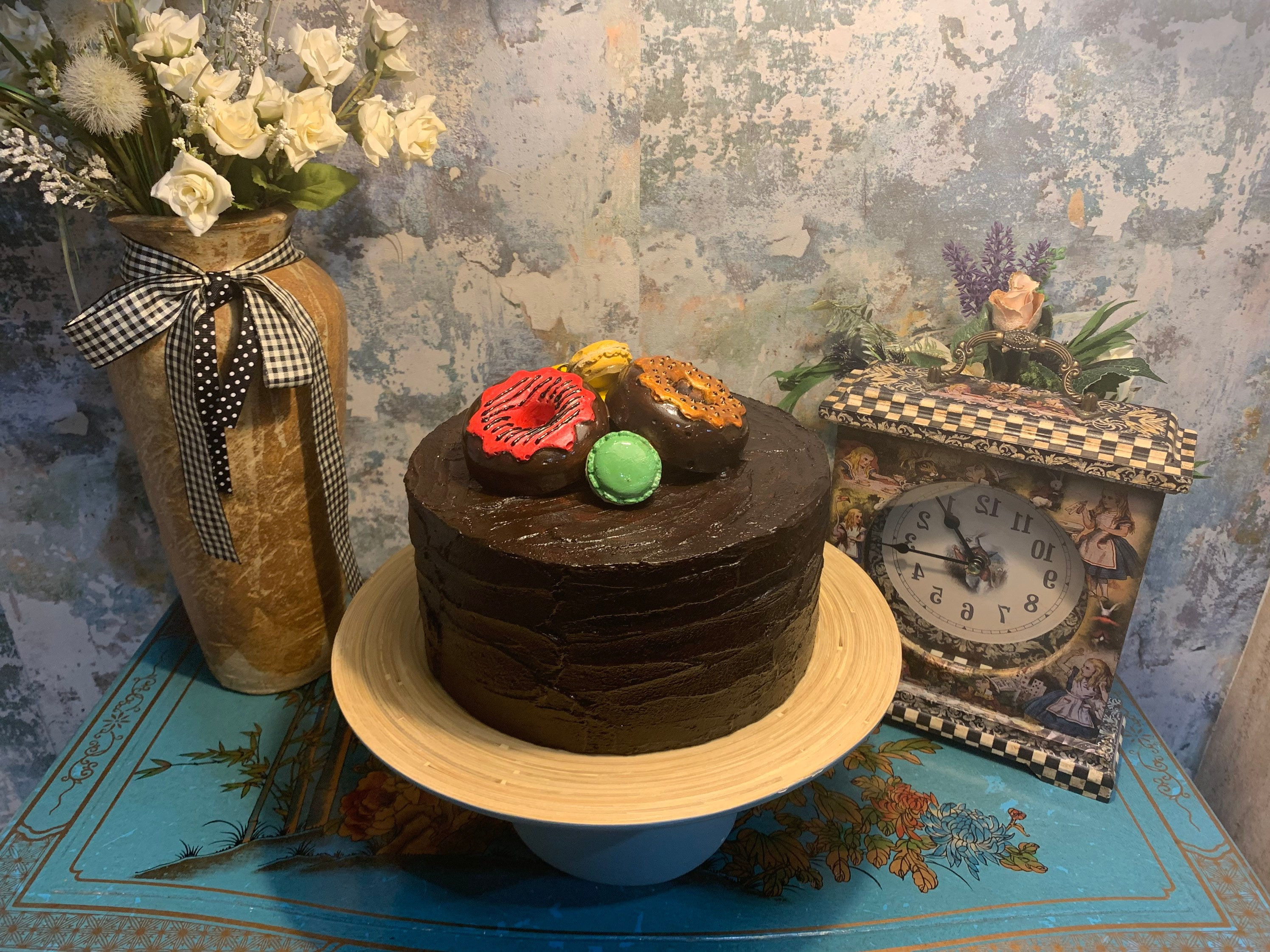 Artificial Fake Cake. 10” fake chocolate Cake with doughnuts and macaroons. Pr