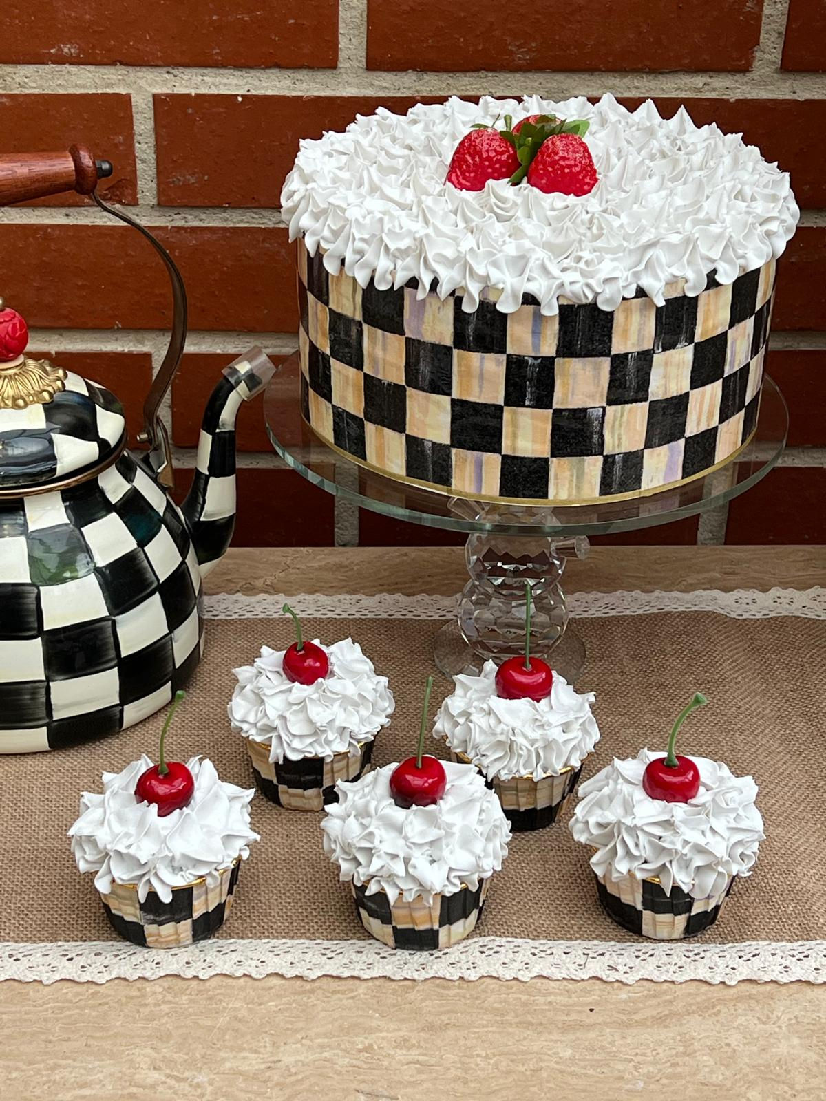 Artificial Fake Cake and Cupcake Set. 5 cupcakes & 10” Cake. Black check