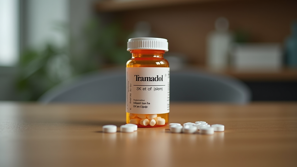 Close-up view of a prescription bottle labeled Tramadol on a wooden table