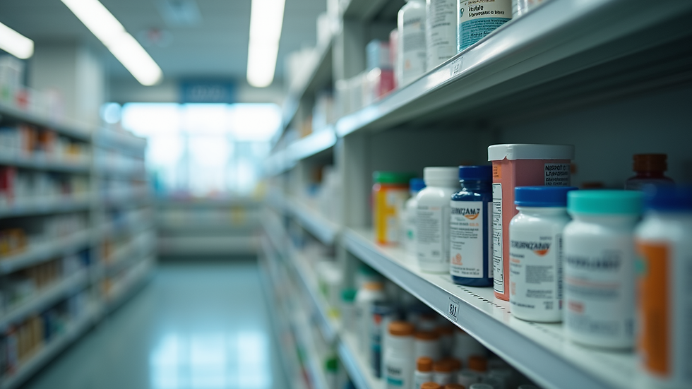 Eye-level view of a pharmacy shelf stocked with various medications