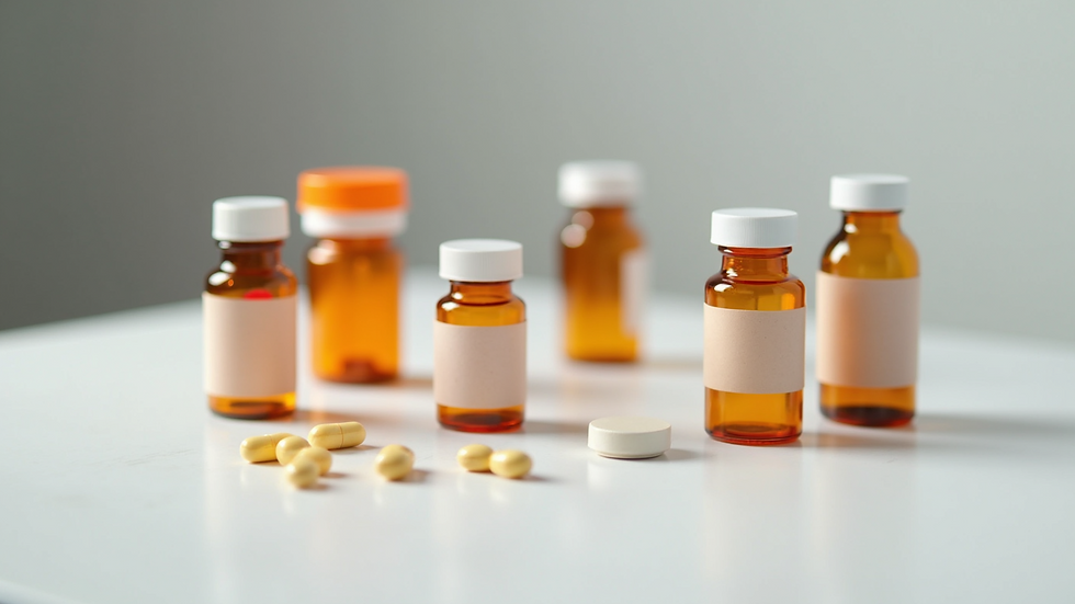 Close-up view of various pain relief medication bottles arranged on a white surface