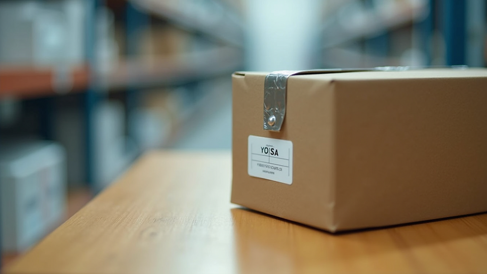 Eye-level view of a secure medication packaging box ready for shipment