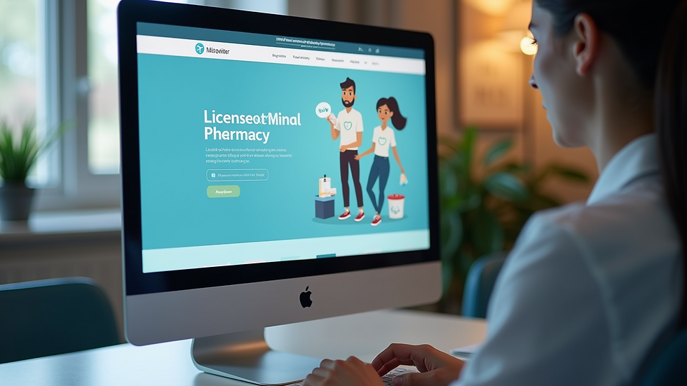 Eye-level view of a computer screen displaying a licensed online pharmacy website