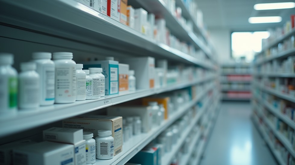 Eye-level view of a pharmacy shelf with organized medication boxes