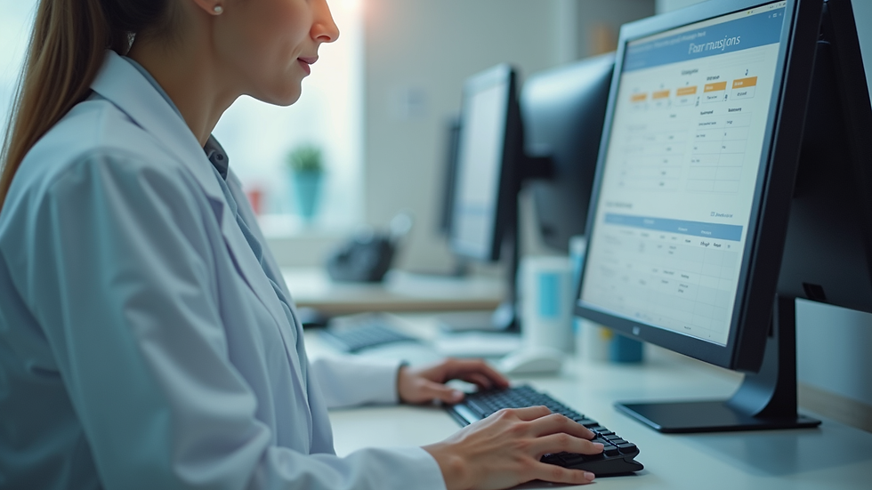 Close-up view of a pharmacist verifying medication orders on a computer