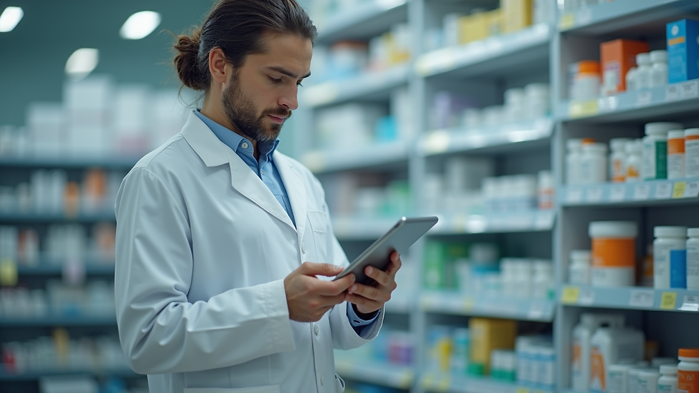 Eye-level view of a pharmacist consulting medication information on a tablet