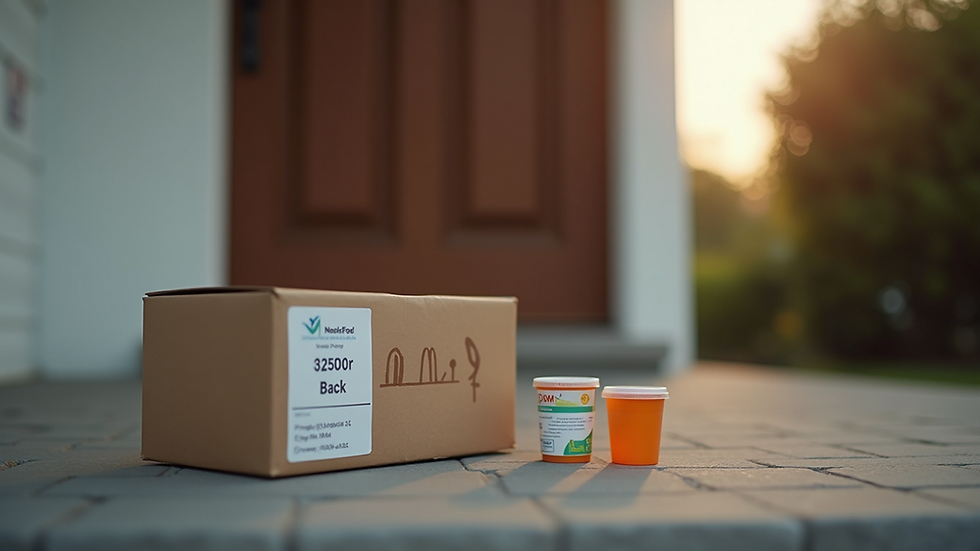 Eye-level view of a delivery package containing prescription medication on a doorstep