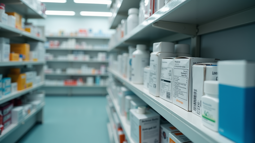 Eye-level view of a pharmacy shelf with various medication boxes