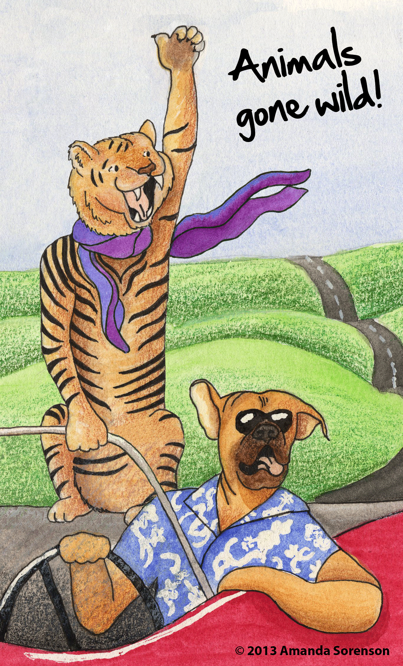 amanda sorenson, dog, tiger, convertible, childrens illustration, bits n baubles studio