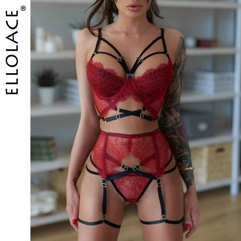 Miniature : Ellolace Lingerie Women's Underwear Set Sexy Bra Underwear Goth Lingerie 3 Piece