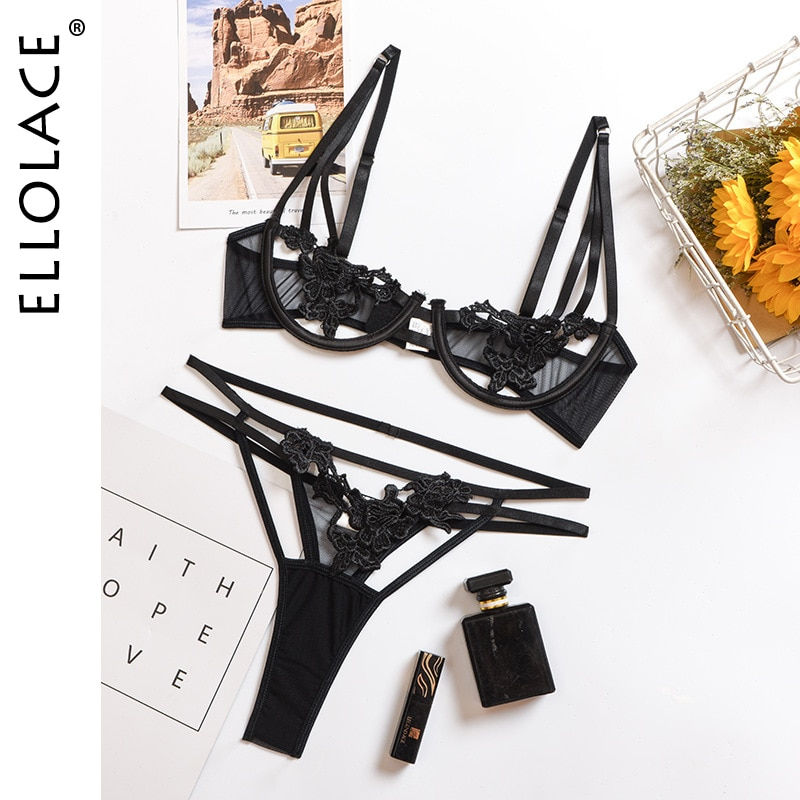 Miniaturbild: Ellolace Sexy Lingerie Lace Hollow Out Women's Underwear Set Transparent Bra Set