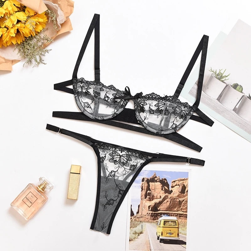 Miniatură: Ellolace Sexy Lingerie Set Lace Embroidery Bra and Panty Set Transparent
